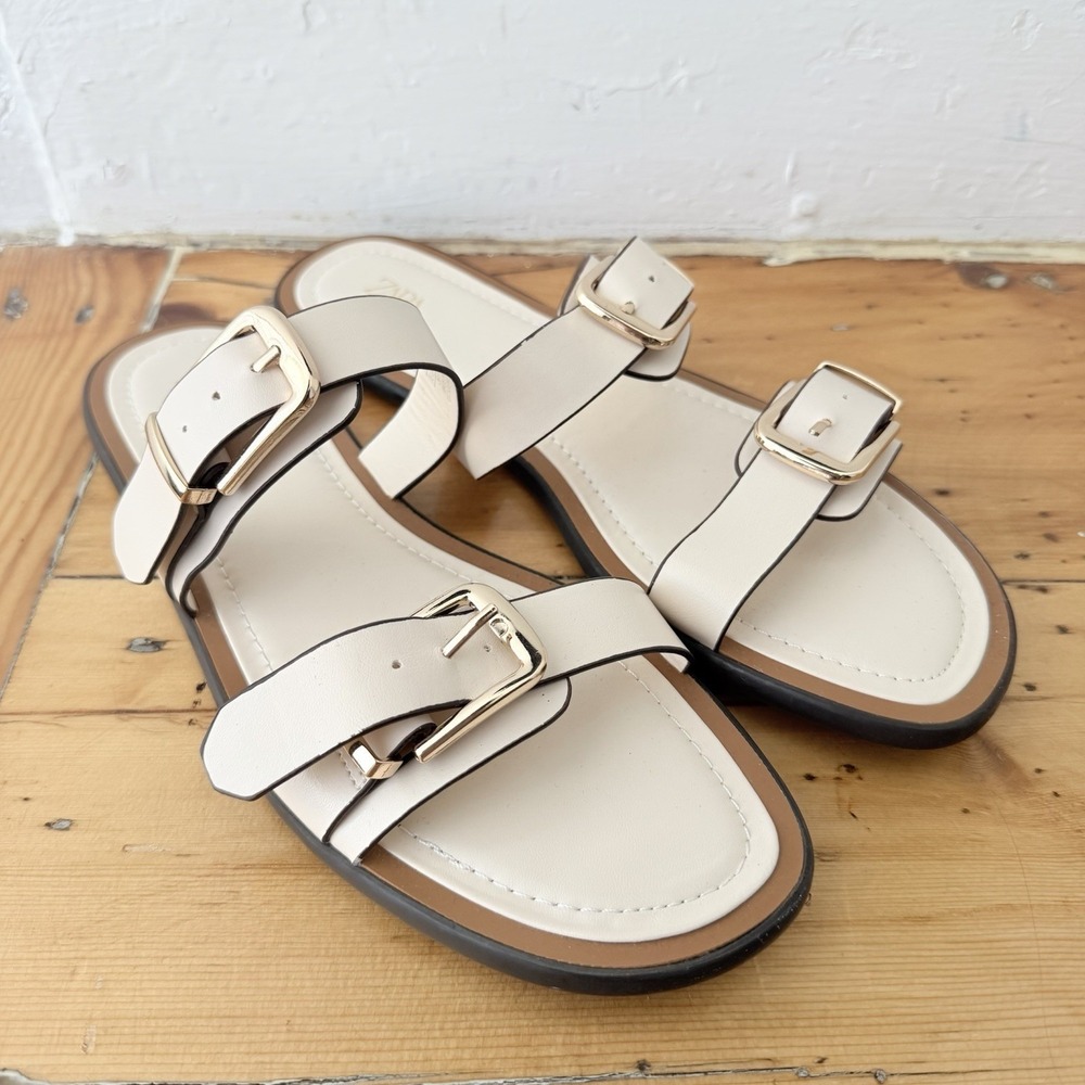 Zara Double Buckle Slide Sandals Womens 39 Cream Gold Minimalist Quiet Luxury - Picture 2 of 6